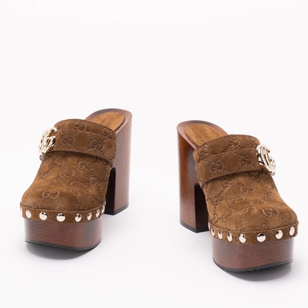 GUCCI Marmont GG logo suede leather platform wooden clogs - Picture 3 of 5